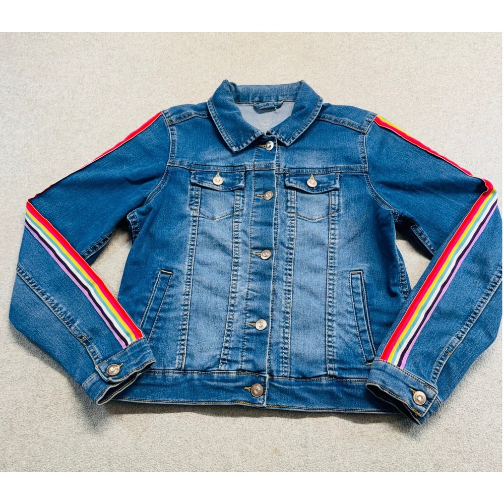Girls XL 14-16 Denim Jacket Rainbow Stripe Sleeve Stretch Jean Jacket Blue Fun